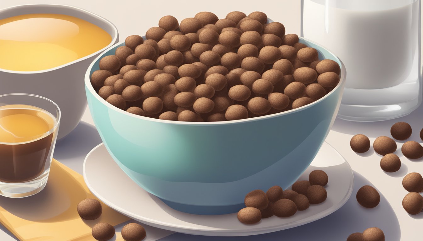 A bowl of Cocoa Puffs and Honey Ohs side by side, with a glass of milk in the background