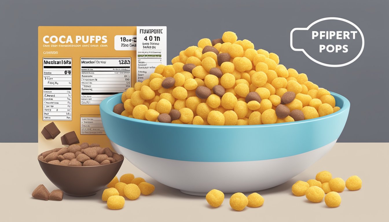 A bowl of Cocoa Puffs and Corn Pops next to each other, surrounded by nutritional information labels and a measuring tape