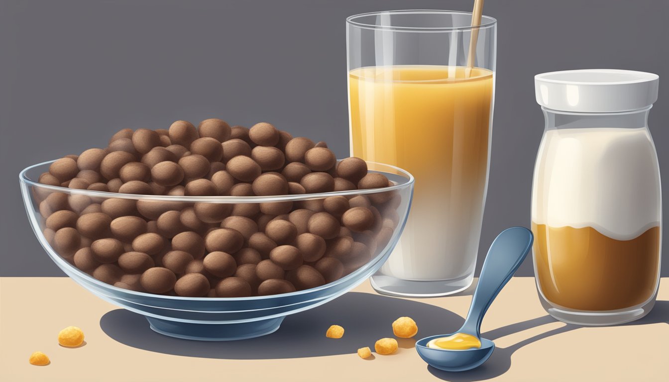 A bowl of cocoa puffs and honey ohs side by side, with a spoon and glass of milk