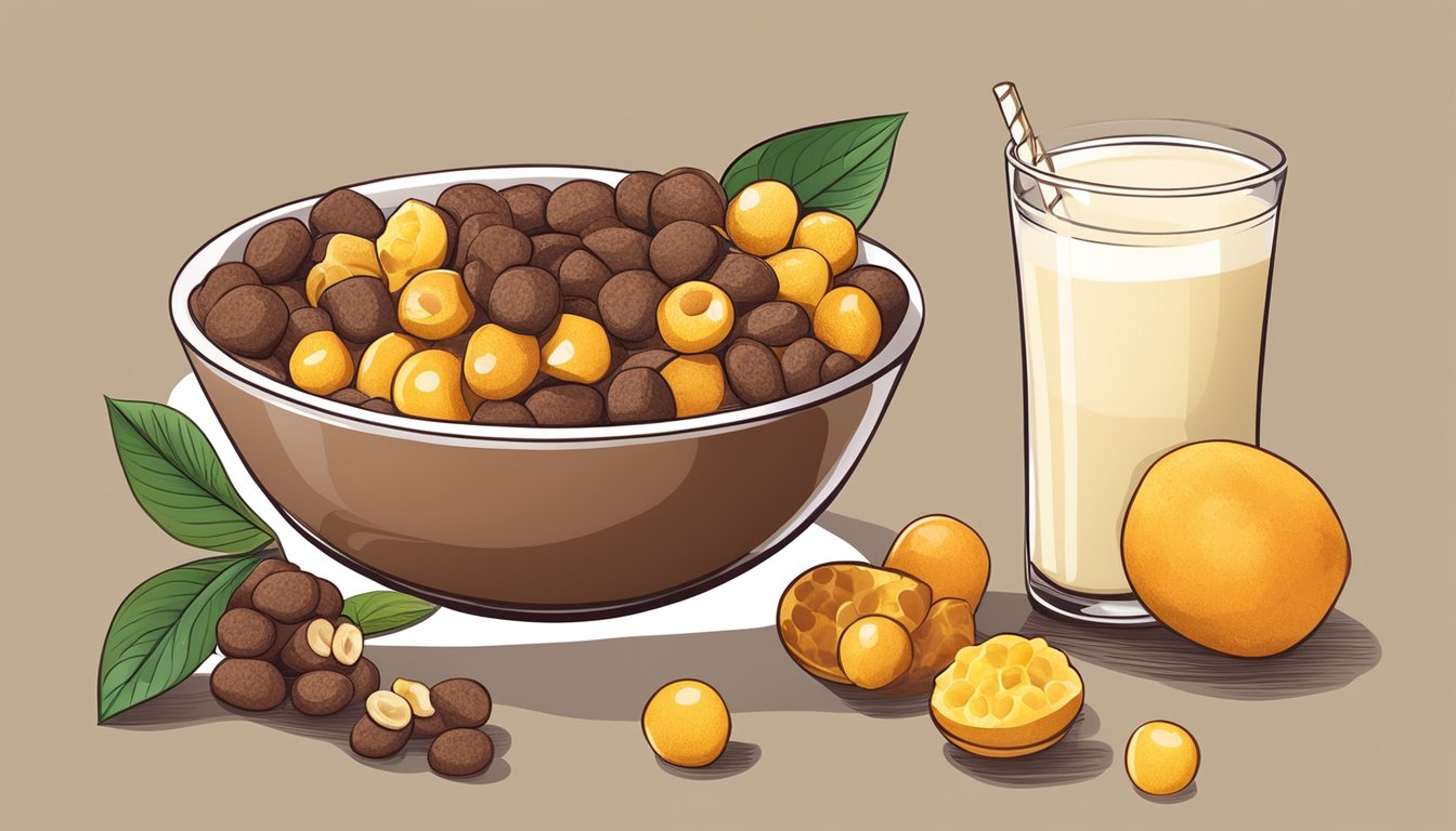 A bowl of cocoa puffs and a bowl of honey ohs surrounded by various fruits and a glass of milk