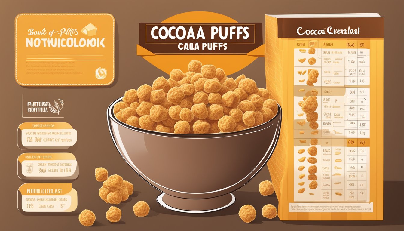 A bowl of cocoa puffs and honeycomb cereal next to a nutritional chart