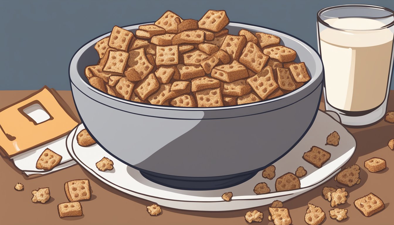 A bowl of Cocoa Puffs and a bowl of French Toast Crunch sit side by side, surrounded by scattered cereal pieces and a glass of milk