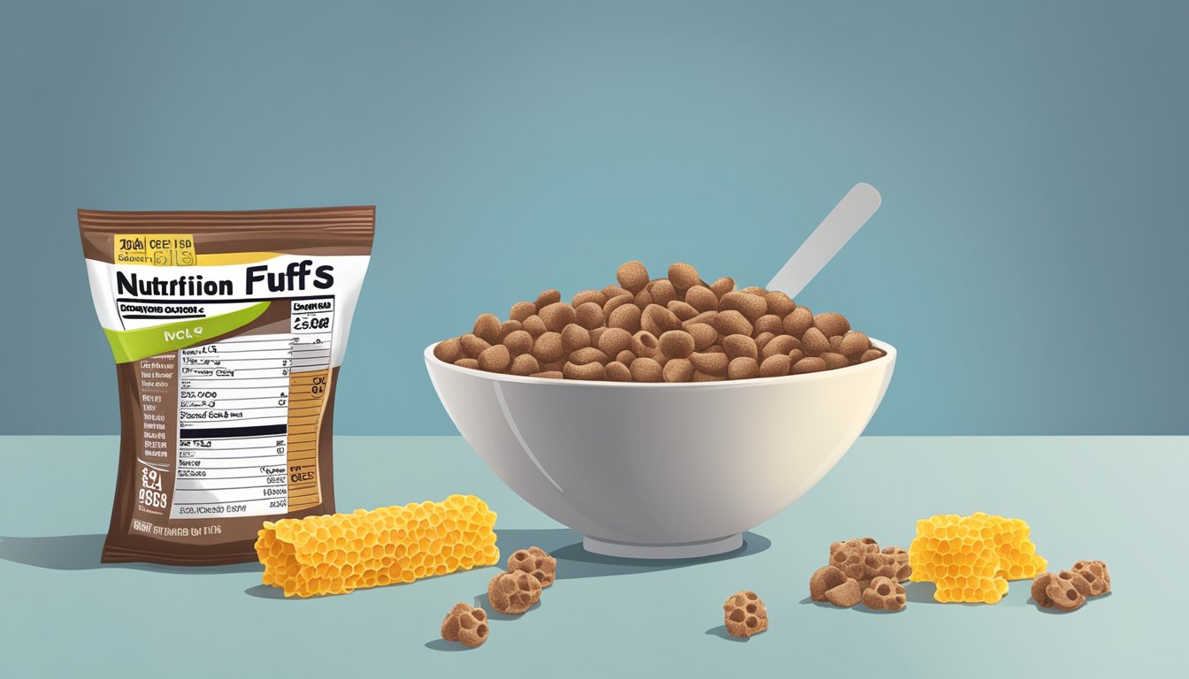 A bowl of cocoa puffs and honeycomb cereal next to a measuring tape and nutrition labels