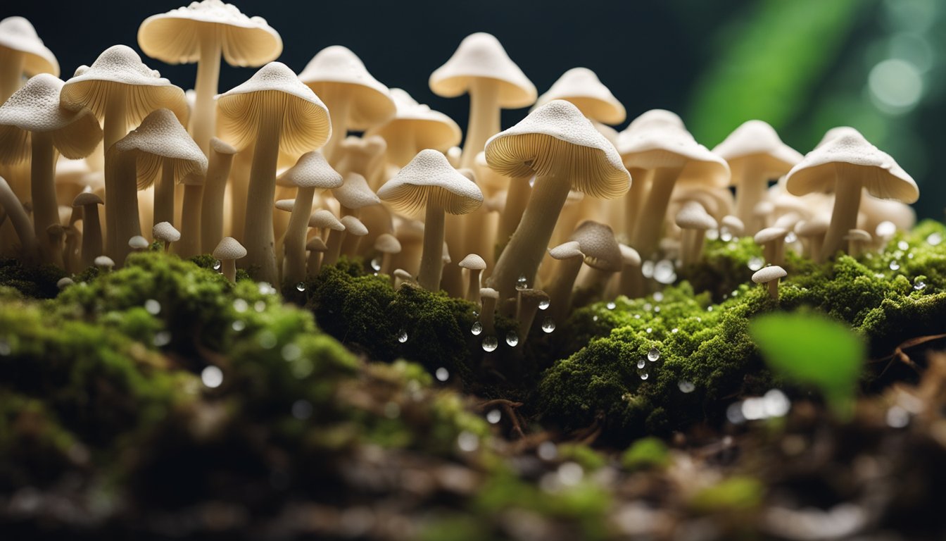 Emerging oyster mushroom pins with water droplets and mycelium visible