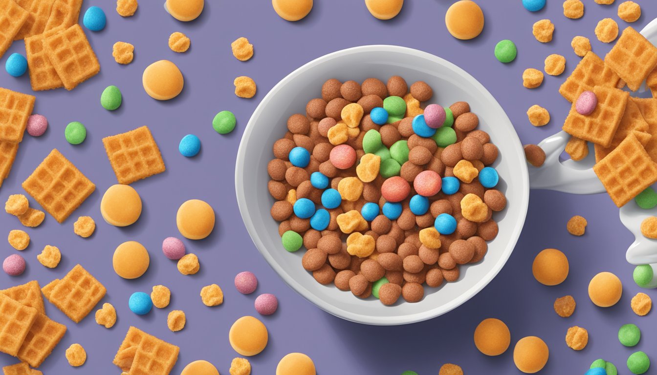 A bowl of Cocoa Puffs and Kellogg's Apple Jacks side by side, surrounded by scattered cereal pieces and milk splashes