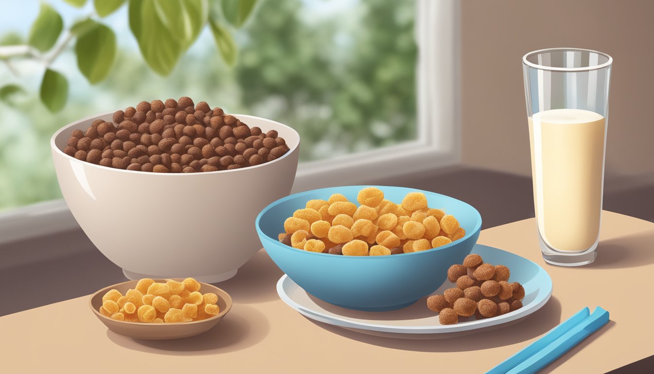 A bowl of Cocoa Puffs and a bowl of Honeycomb cereal sit side by side on a table, surrounded by fresh fruit and a glass of milk