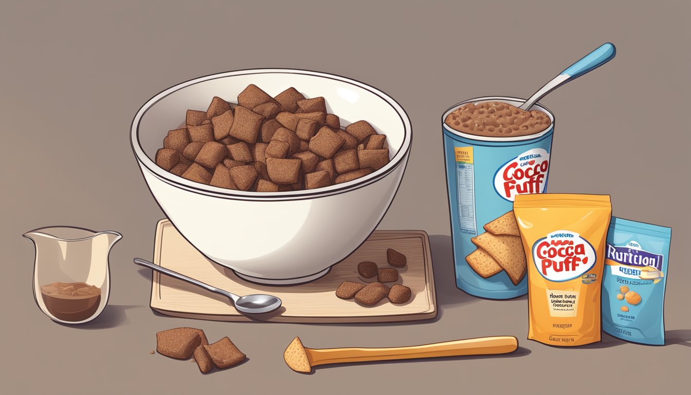 A bowl of cocoa puffs and a bowl of french toast crunch sit side by side, surrounded by scattered nutritional labels and measuring tools