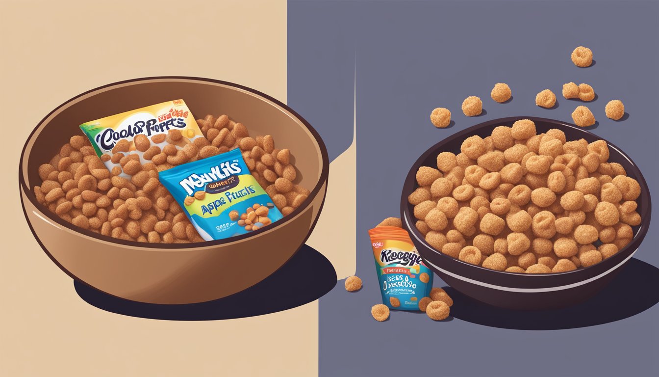 A bowl of cocoa puffs and a bowl of Kellogg's Apple Jacks side by side, with labels showing the macronutrient breakdown of each cereal