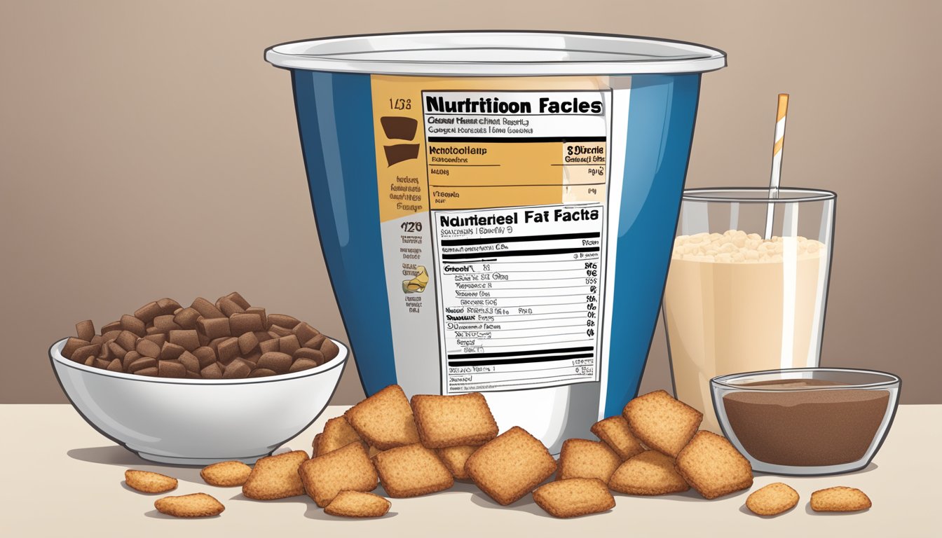 A bowl of Cocoa Puffs and French Toast Crunch side by side, surrounded by nutritional labels and a measuring tape