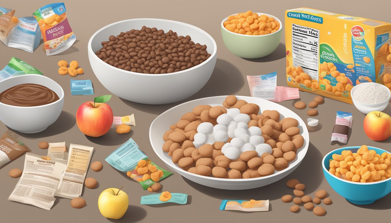 A table with bowls of cocoa puffs and apple jacks, surrounded by nutrition labels and sugar analysis charts