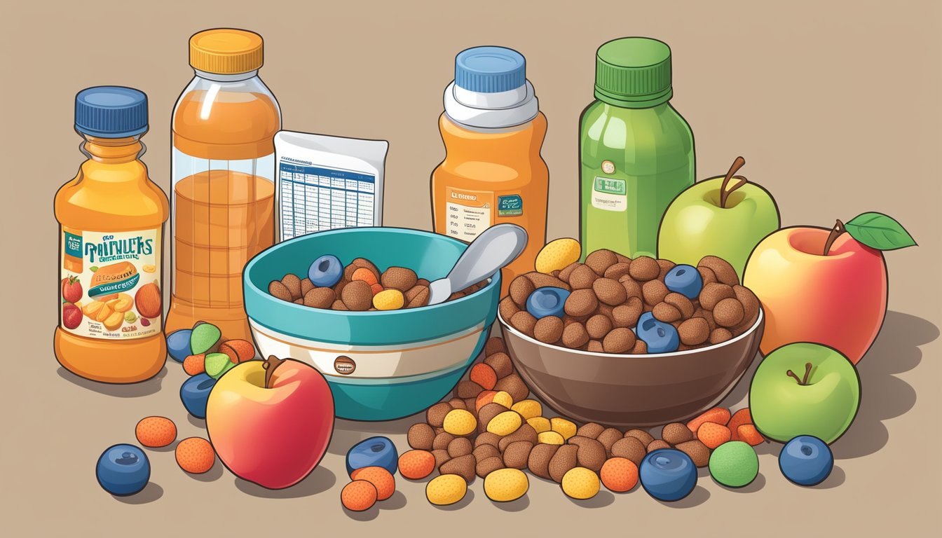 A bowl of Cocoa Puffs and a bowl of Apple Jacks surrounded by various fruits and vitamin bottles, with a measuring tape and nutritional information displayed nearby