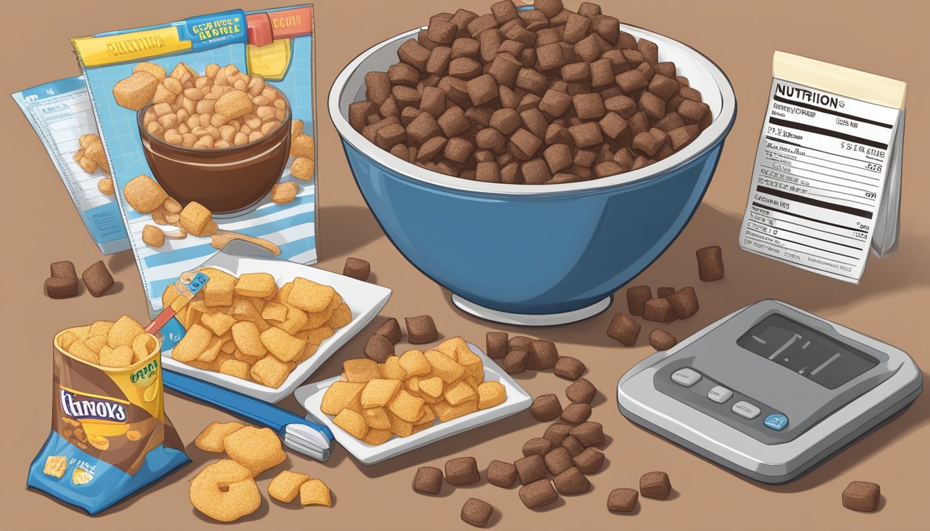 A bowl of Cocoa Puffs and French Toast Crunch side by side, surrounded by a tape measure, nutrition labels, and a scale