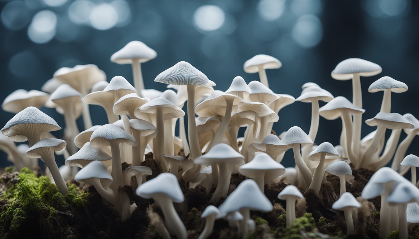 Oyster mushrooms cascade from bags, with fan-shaped caps in grey-blue hues. Multiple flushes show progression to full maturity. Fine mist creates a fog around the fungi