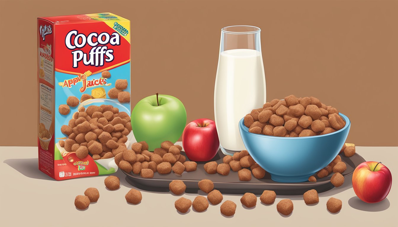 A bowl of Cocoa Puffs next to a bowl of Kellogg's Apple Jacks, surrounded by fresh apples and a glass of milk