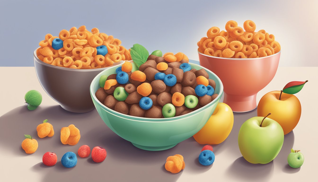 A bowl of cocoa puffs and a bowl of Kellogg's apple jacks next to each other, surrounded by various fruits and a glass of milk