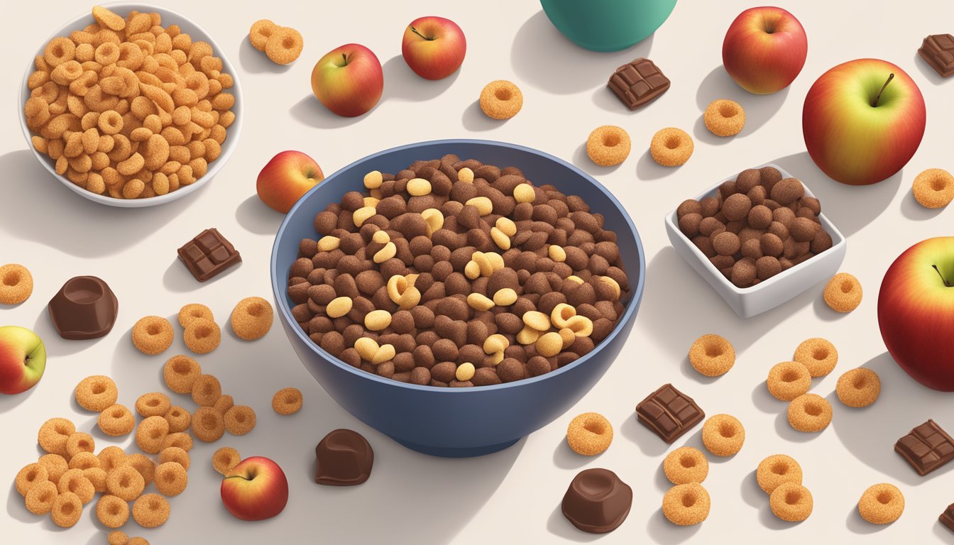 A bowl of Cocoa Puffs and Kellogg's Apple Jacks surrounded by scattered ingredients like cocoa, apples, and grains