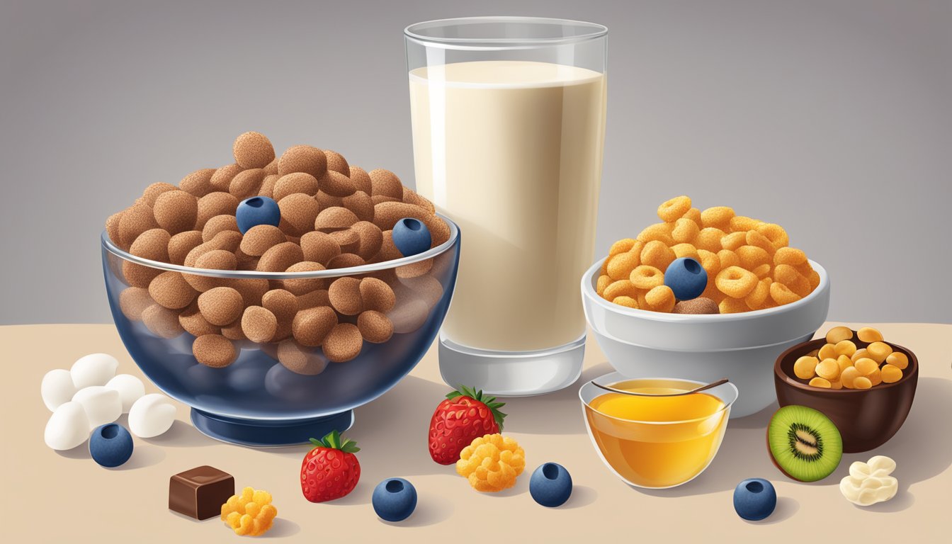 A bowl of Cocoa Puffs and Honey Smacks side by side, surrounded by a variety of fruits and a glass of milk