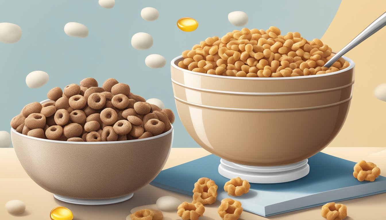 A bowl of Cocoa Puffs and a bowl of Honey Nut Cheerios side by side, surrounded by images of fresh milk and ripe honeycombs