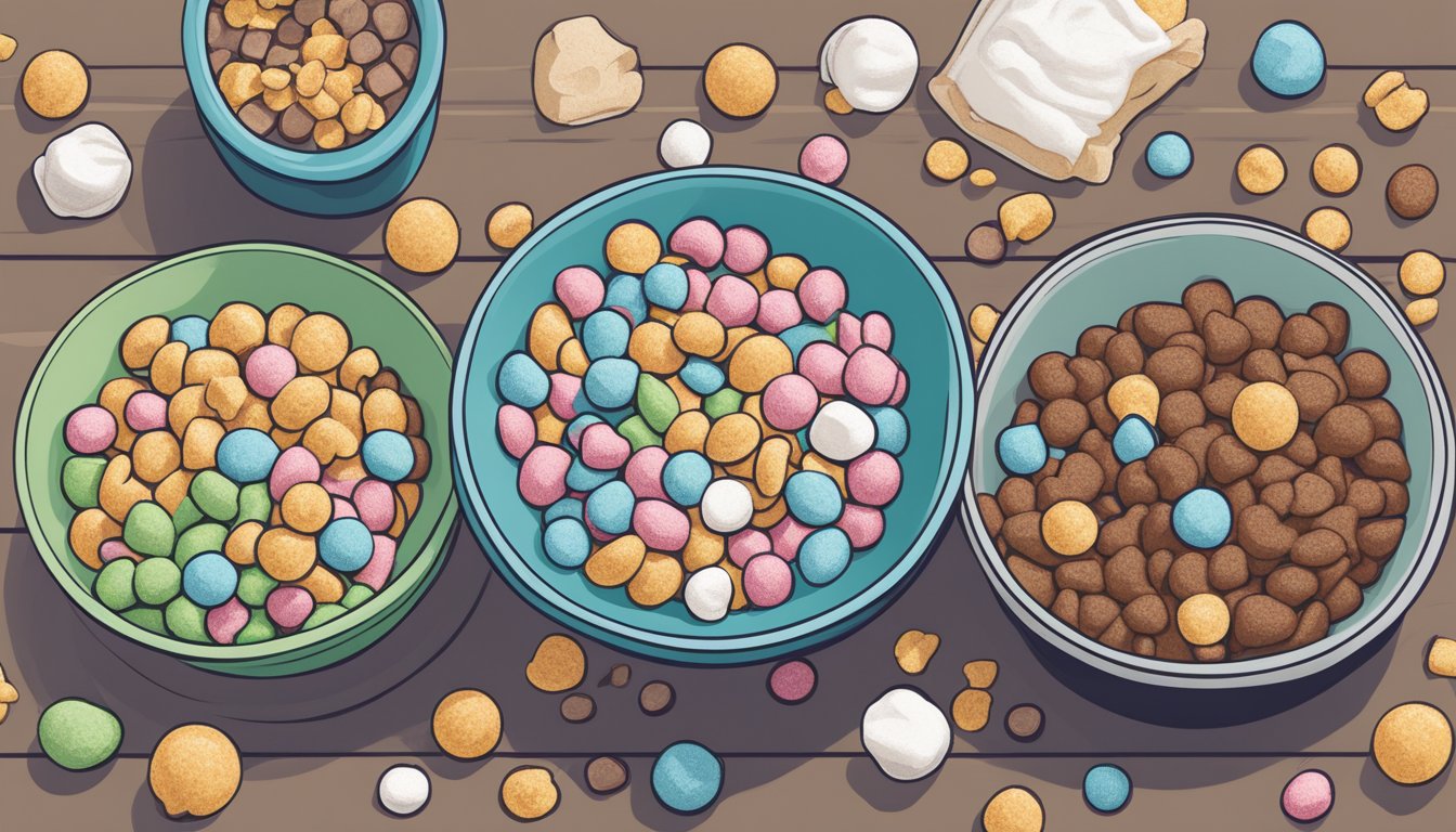 A bowl of Cocoa Puffs and a bowl of Lucky Charms sit side by side, surrounded by scattered marshmallows and chocolate puffs. A nutrition label hovers above each bowl, highlighting their respective nutritional profiles