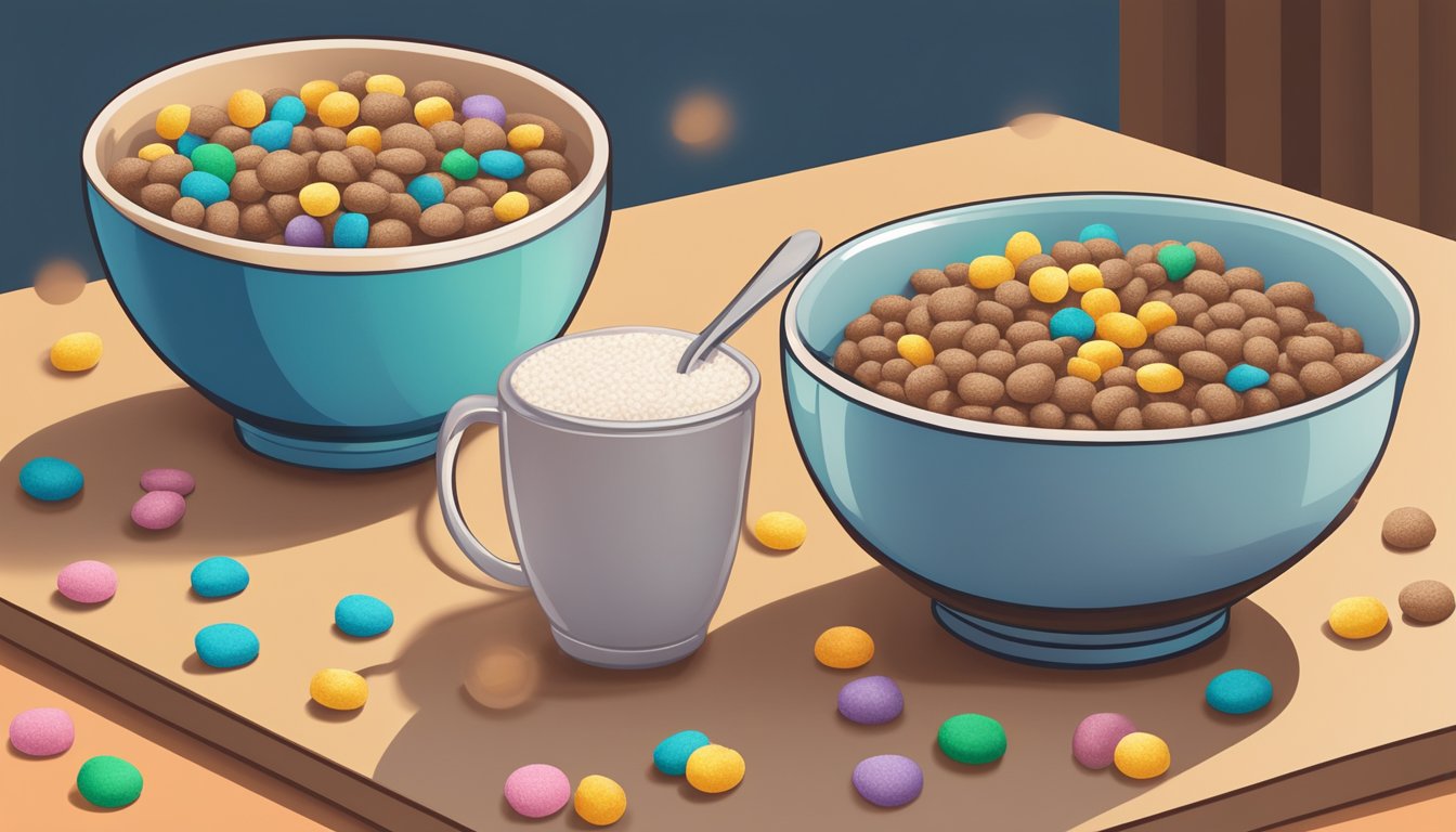 A bowl of Cocoa Puffs and a bowl of Lucky Charms side by side, surrounded by measuring cups of sugar and whole grain oats