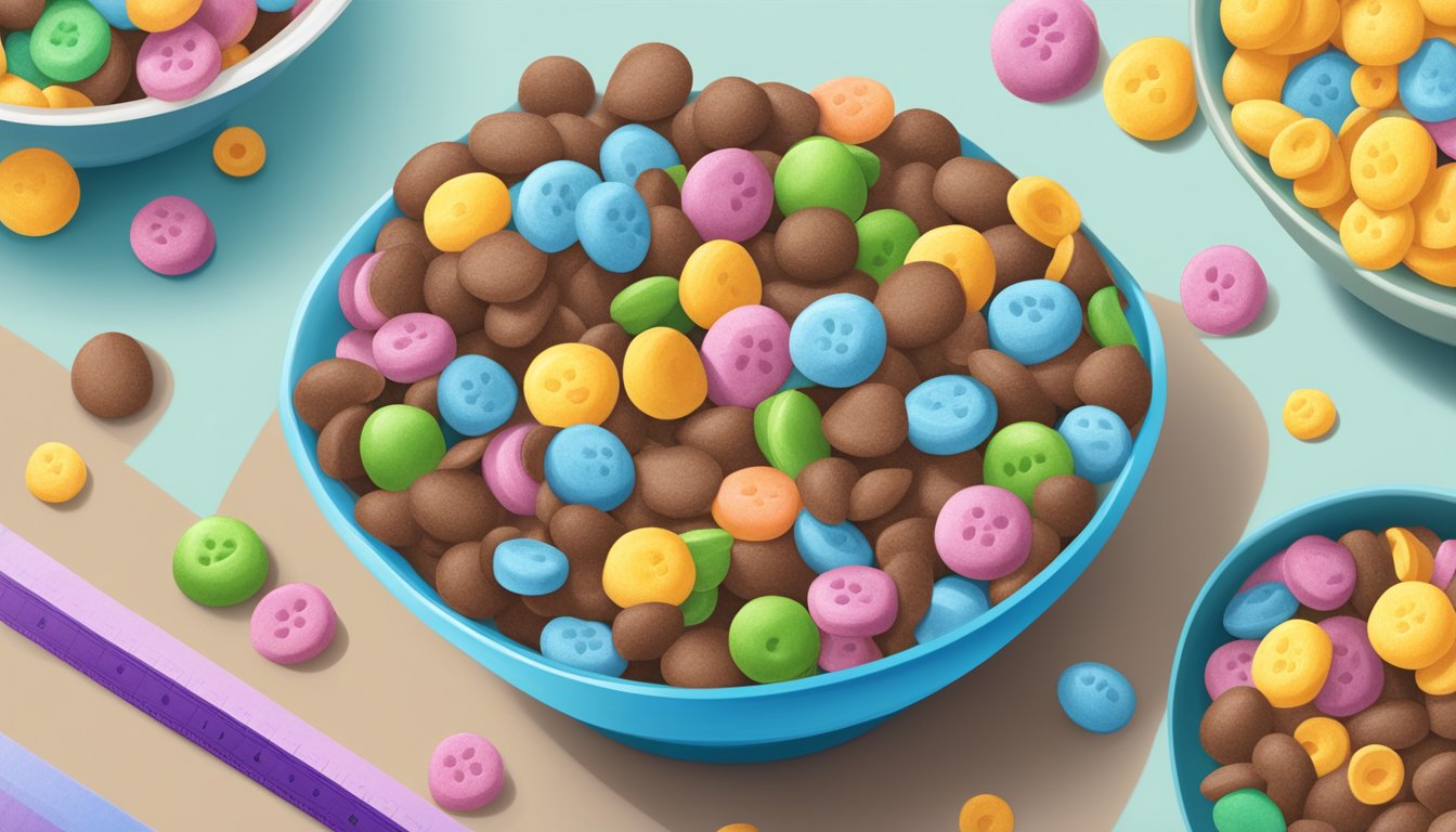 A bowl of Cocoa Puffs and Lucky Charms side by side, surrounded by nutritional labels and a tape measure