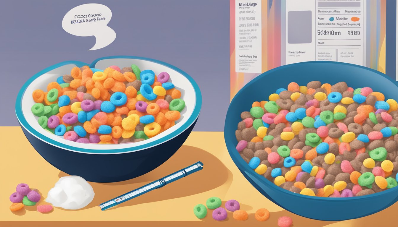 A bowl of Cocoa Puffs and a bowl of Kellogg's Froot Loops side by side, surrounded by nutritional information labels and a measuring scale