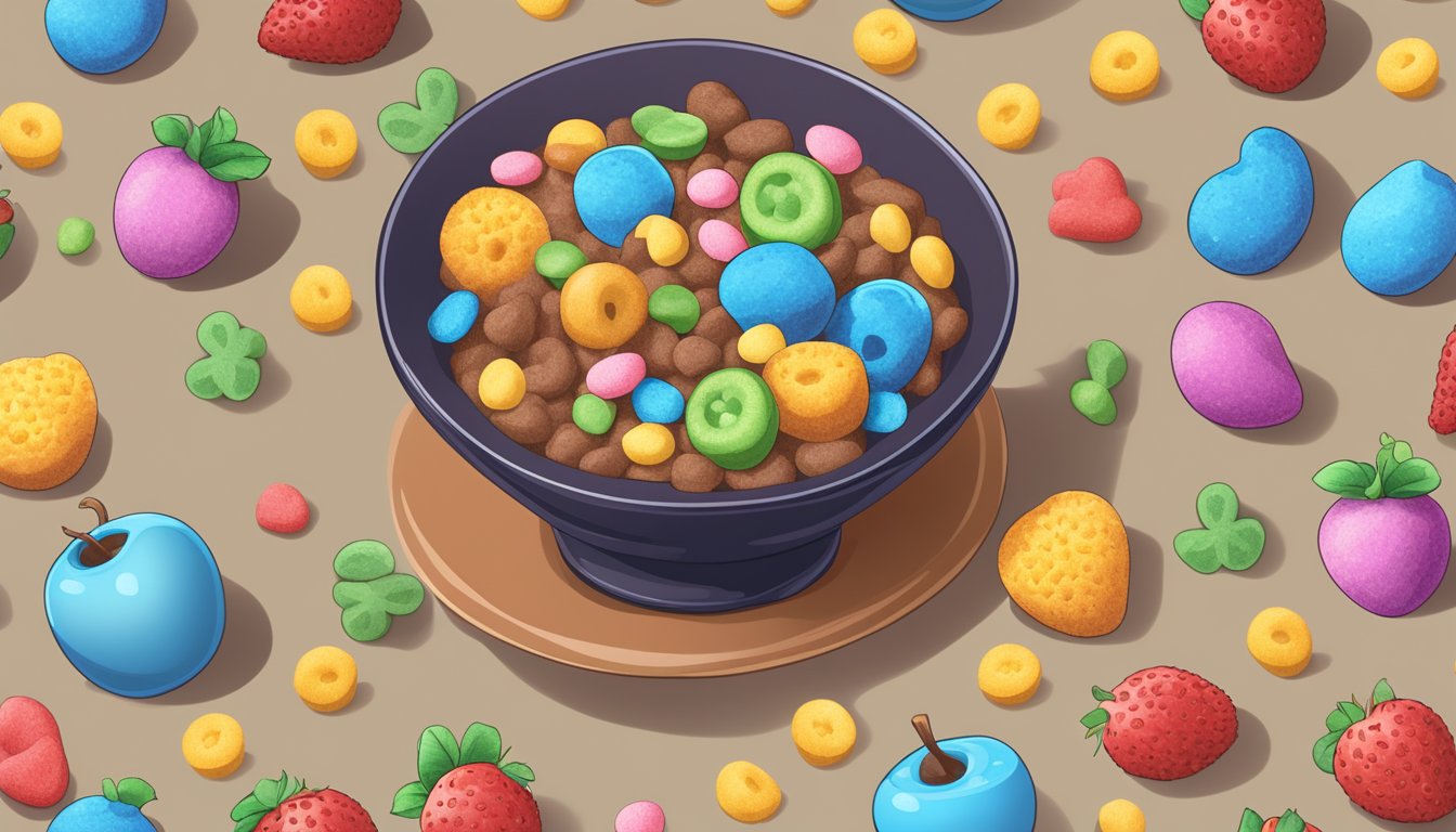 A bowl of Cocoa Puffs and Lucky Charms next to each other, surrounded by various fruits and a glass of milk