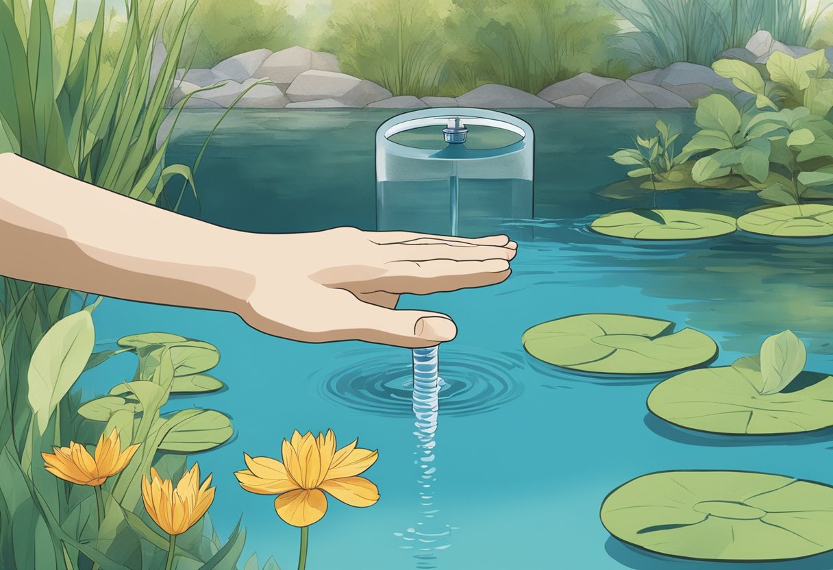 A hand reaching out to place the Oase Bitron Eco water filtration system into a pond, with clear water and vibrant aquatic plants surrounding it