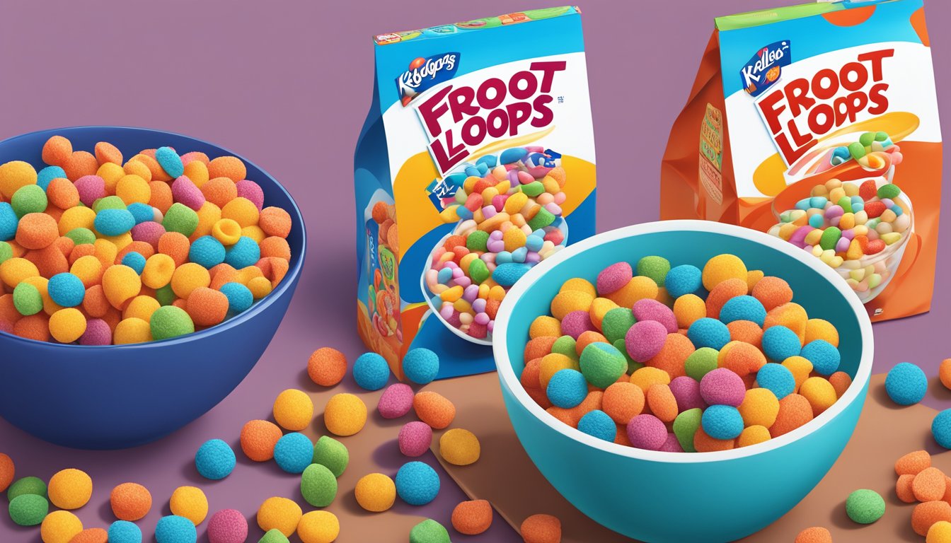 A bowl of Cocoa Puffs and a bowl of Kellogg's Froot Loops side by side, surrounded by various fruits and a glass of milk