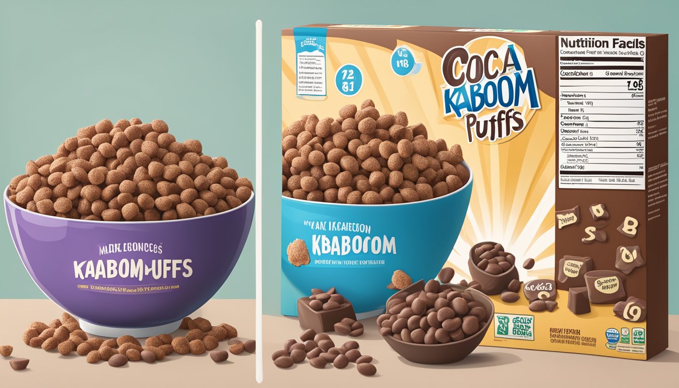 A bowl of Cocoa Puffs and Kaboom cereal side by side with a nutrition label next to them for comparison