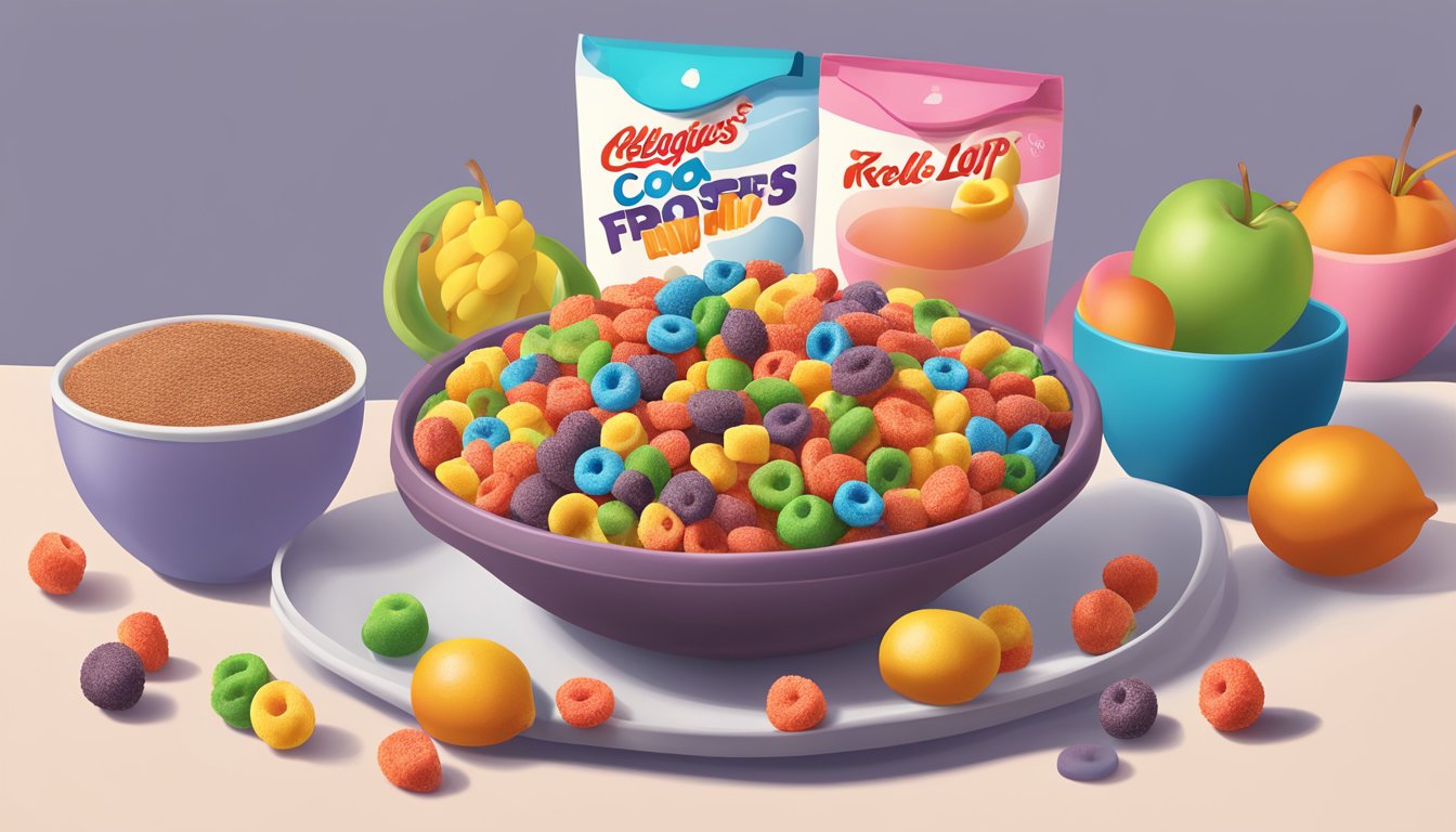 A bowl of cocoa puffs and a bowl of Kellogg's froot loops side by side, surrounded by various fruits and a glass of milk