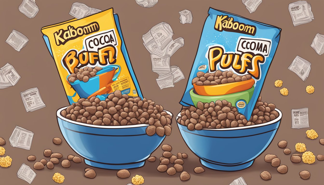 A bowl of cocoa puffs and kaboom cereal side by side with nutrition labels