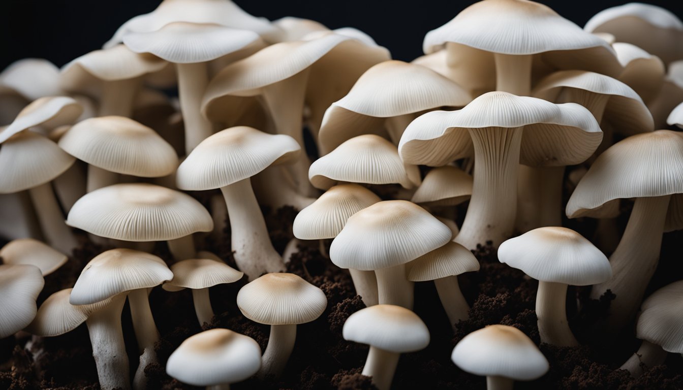 A cluster of white oyster mushrooms emerges from dark substrate, creating a striking contrast