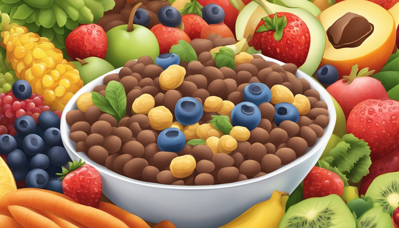 A bowl of cocoa puffs and kaboom cereal surrounded by various fruits and vegetables, with vitamin and mineral supplements scattered around