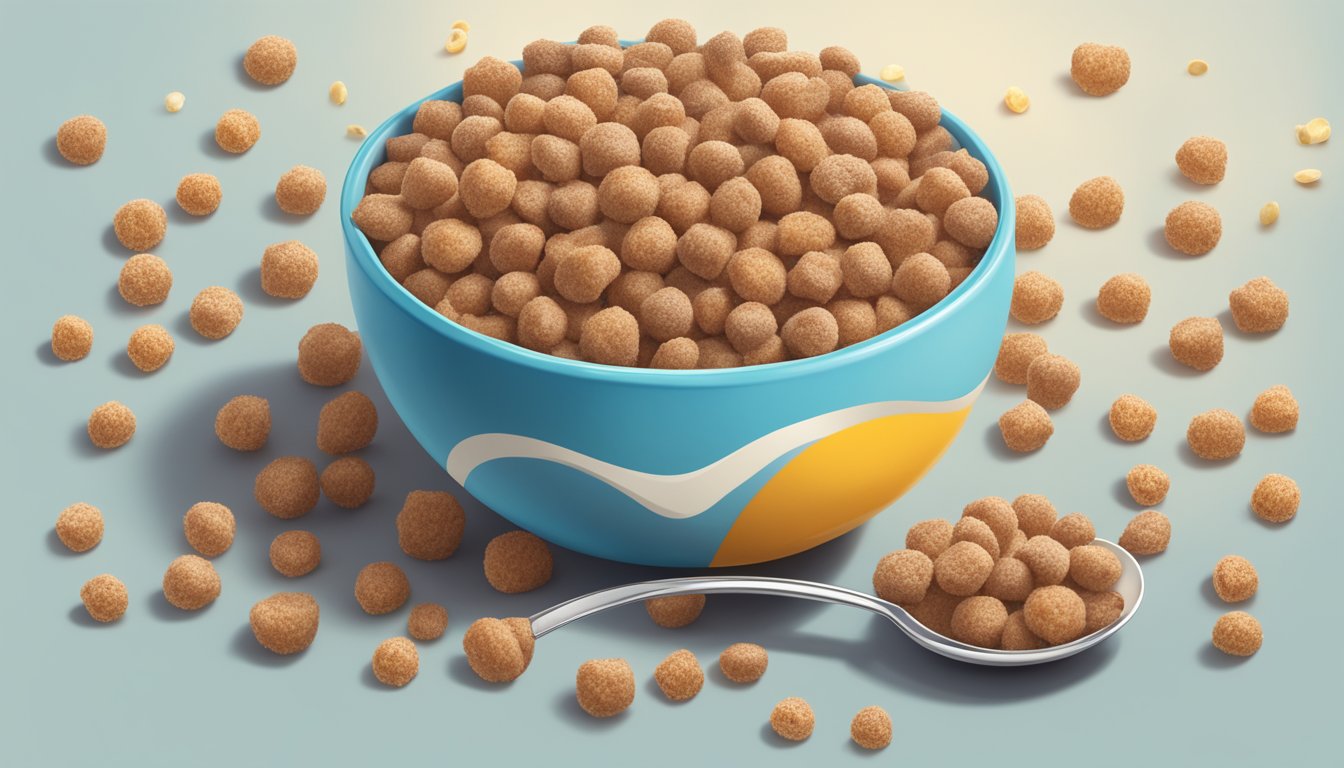 A bowl of cocoa puffs and kaboom cereal side by side, with a glass of milk and a spoon, surrounded by scattered cereal pieces