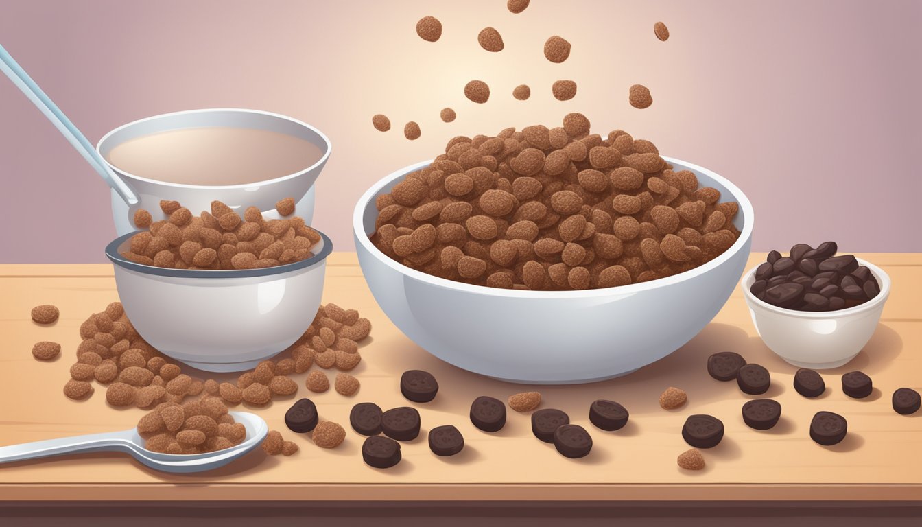 A bowl of Diet Cocoa Puffs and a bowl of Post Raisin Bran sit side by side on a table, surrounded by scattered grains and milk splashes