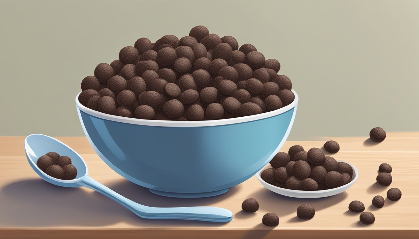 A bowl of Cocoa Puffs and Oreo O’s sits on a table. A spoon is poised over each, ready to scoop up the crunchy, chocolatey goodness