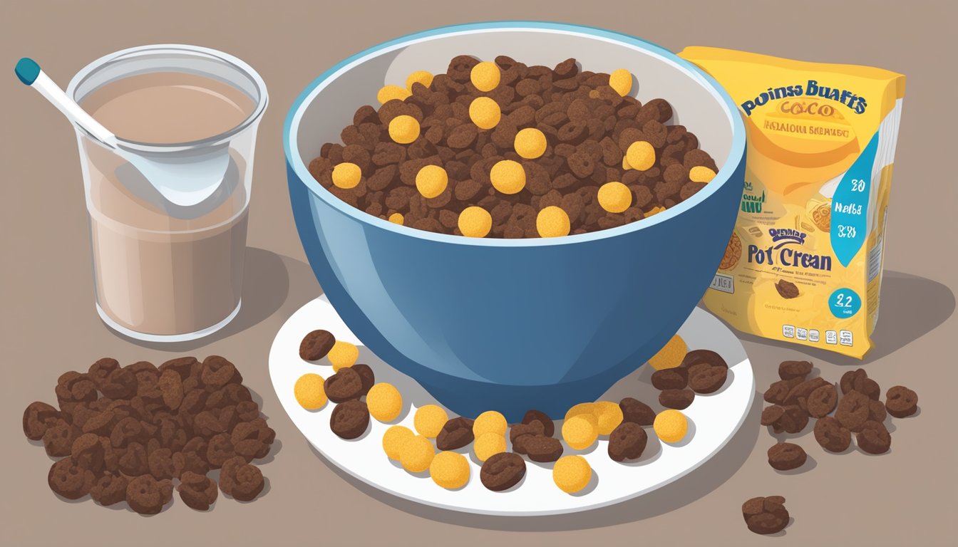 A bowl of Cocoa Puffs and a bowl of Post Raisin Bran cereal side by side, surrounded by nutritional information and a measuring tape