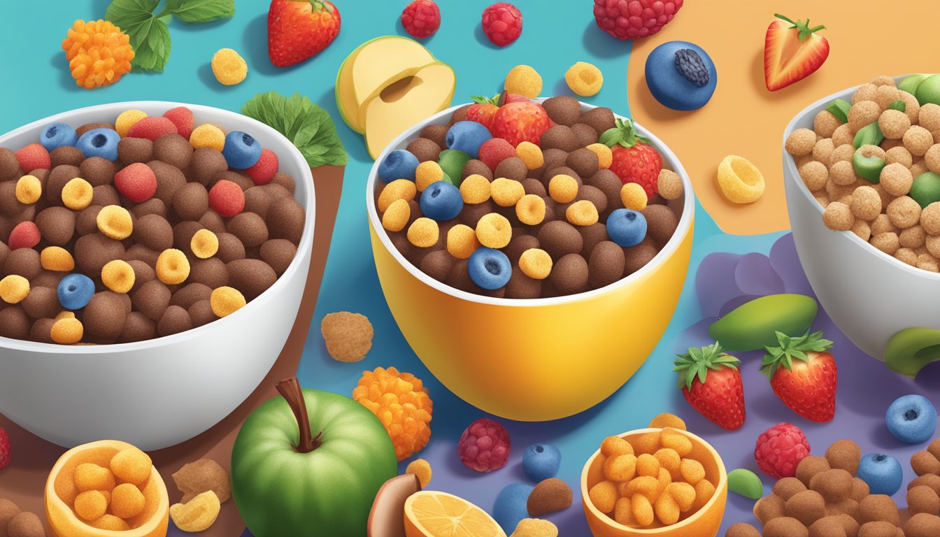 A bowl of cocoa puffs and kaboom cereal side by side, surrounded by a variety of fruits and vegetables