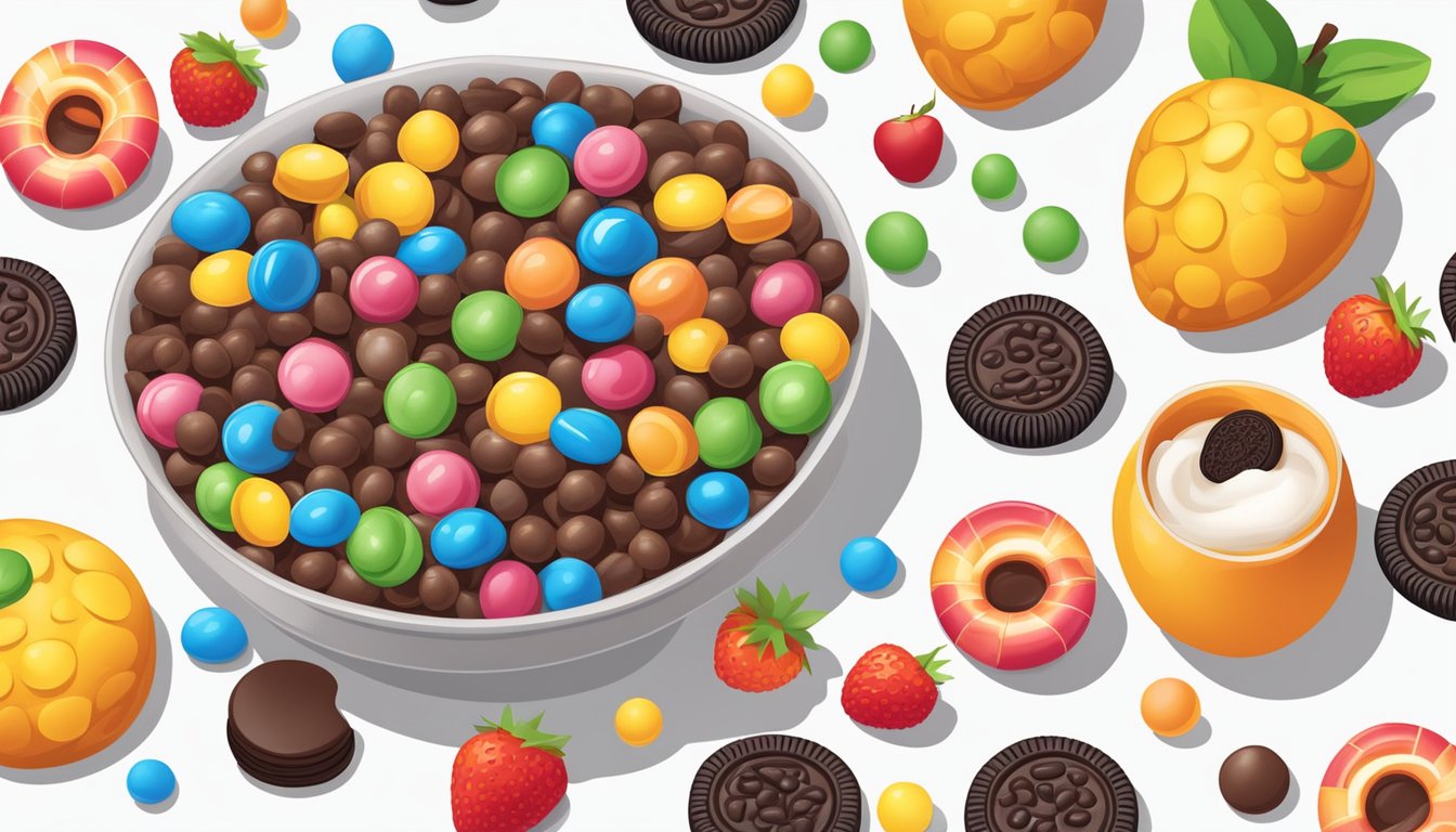 A bowl of Cocoa Puffs and Oreo O's side by side, surrounded by a variety of colorful fruits and a glass of milk