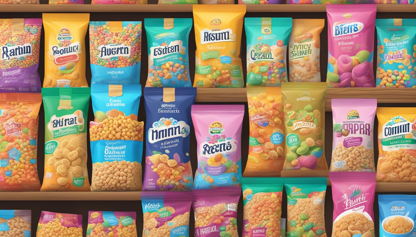 A bustling market with two colorful cereal brands displayed side by side, with vibrant packaging and enticing logos