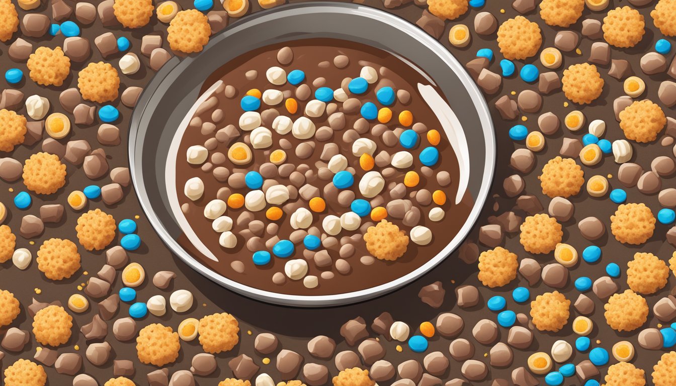 A bowl of Cocoa Puffs and Kaboom cereal side by side with a glass of milk, surrounded by scattered cereal pieces