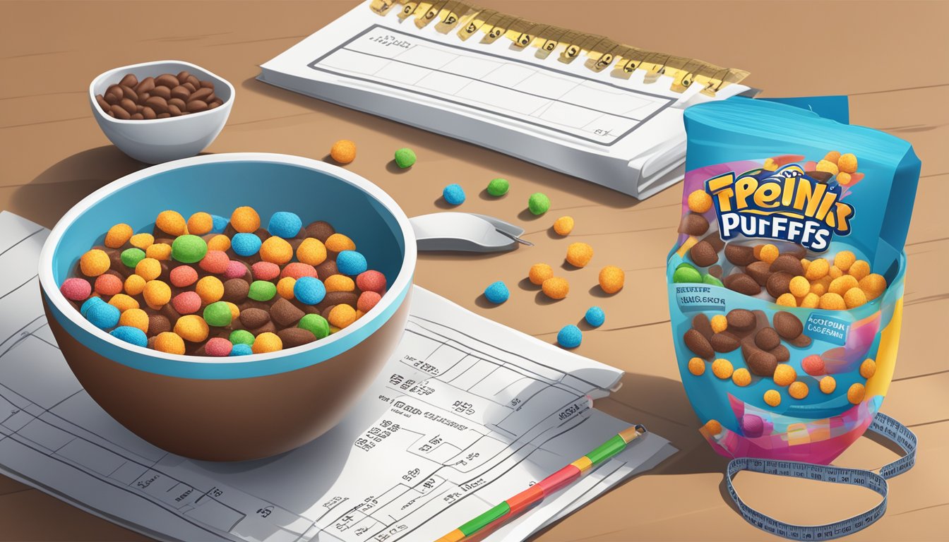 A bowl of Cocoa Puffs and a bowl of Trix side by side, with a measuring tape and a nutritional chart next to them