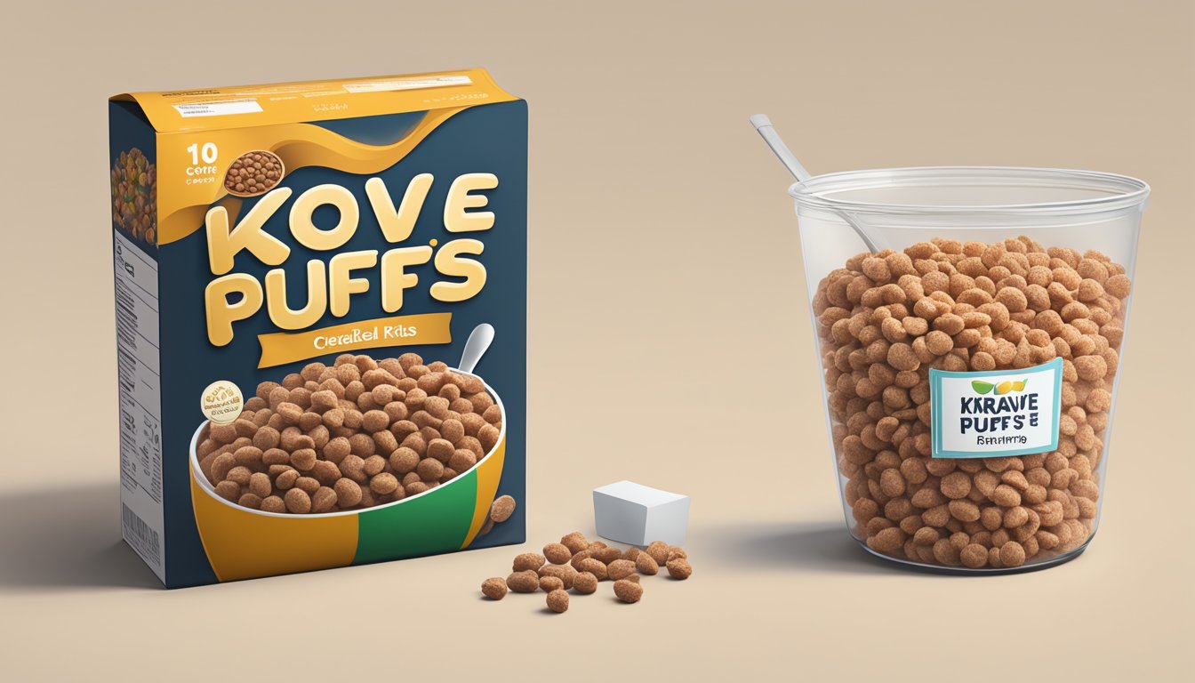 A bowl of Cocoa Puffs and Krave cereal next to each other, with a nutrition label visible on each box