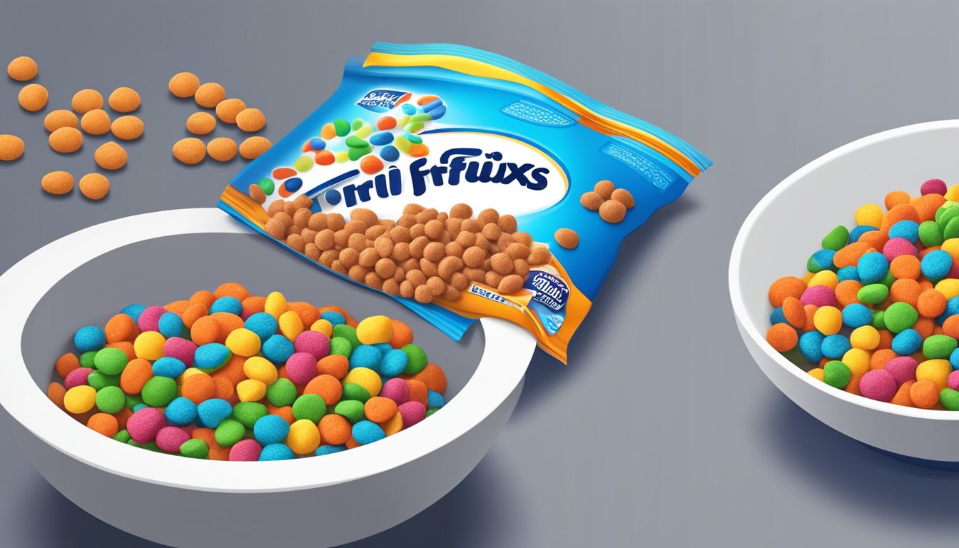 A bowl of Cocoa Puffs and a bowl of Trix cereal next to each other, with a nutrition label and a scale in the background