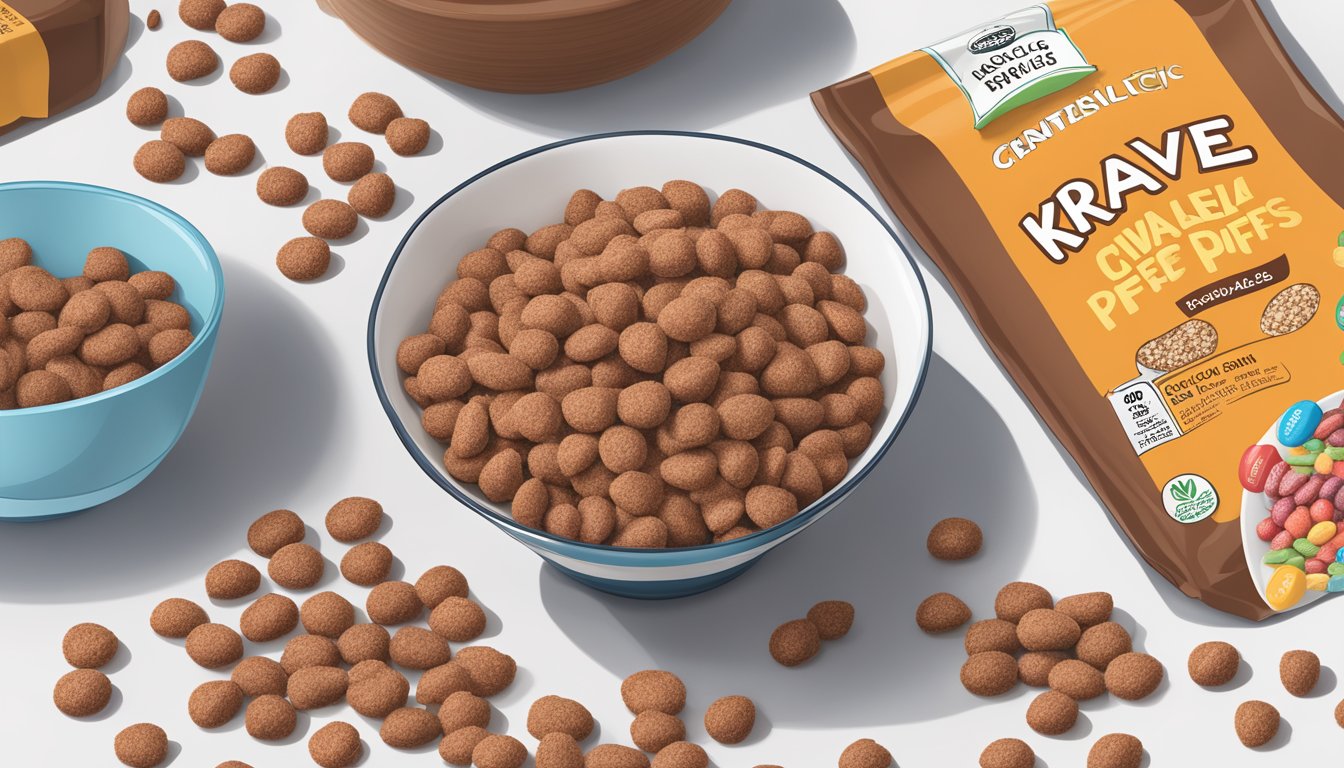 A bowl of cocoa puffs and krave cereal side by side with a nutrition label in the background