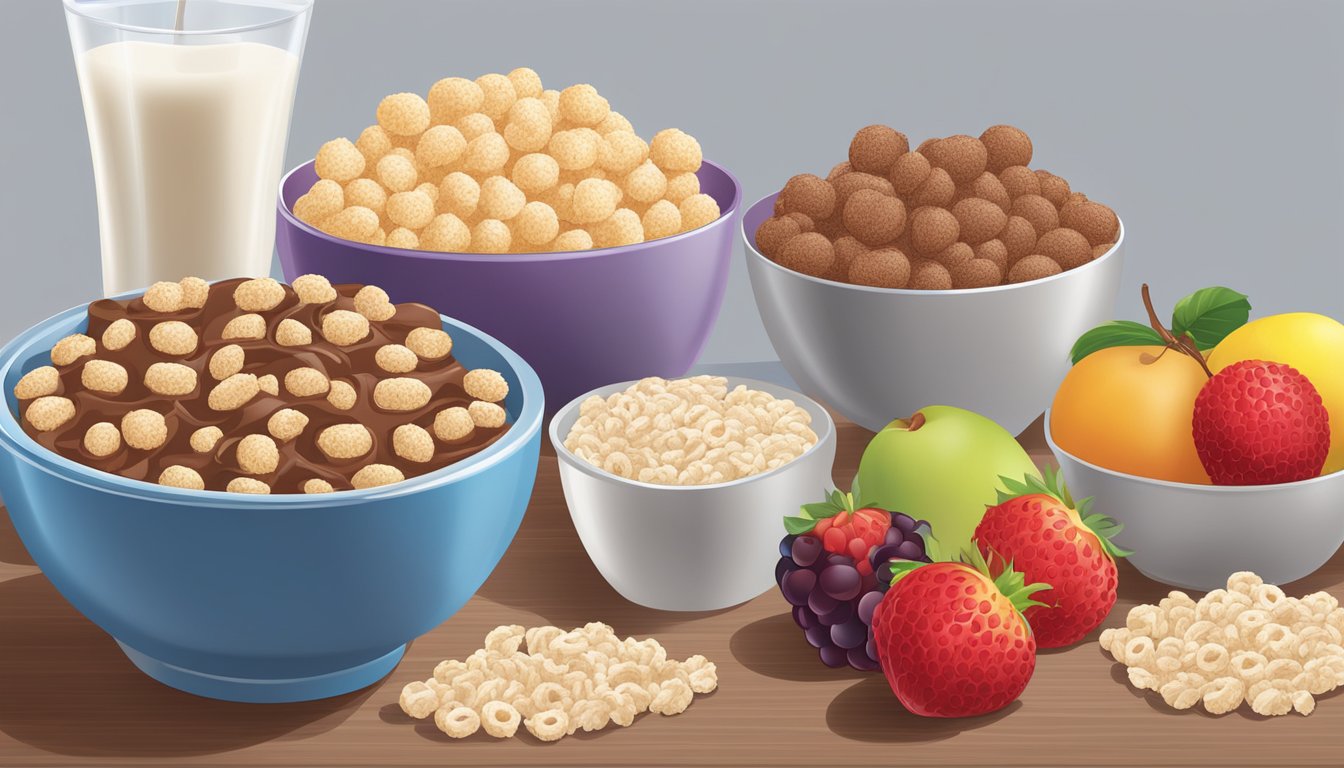 A bowl of Cocoa Puffs and a bowl of Rice Krispies side by side, surrounded by a variety of fresh fruits and a glass of milk