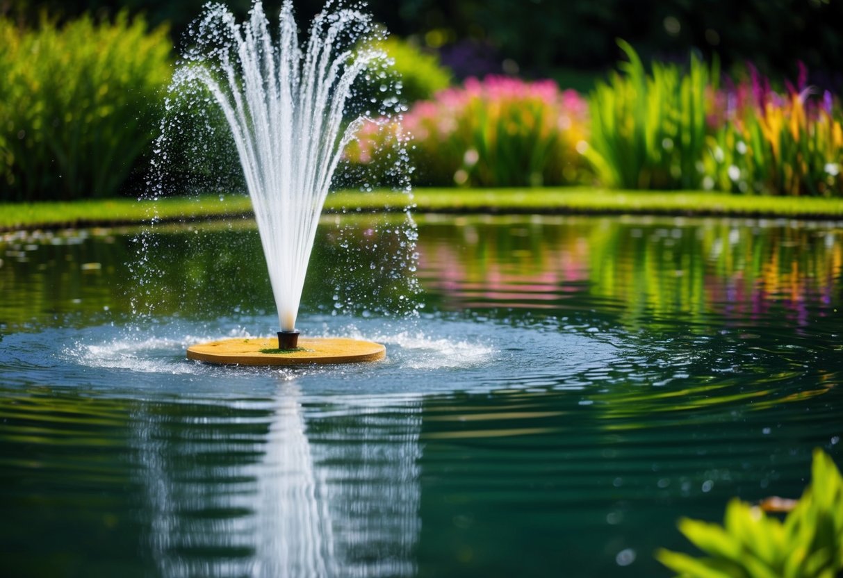 A tranquil pond with a floating fountain spraying water into the air, surrounded by lush greenery and colorful aquatic plants