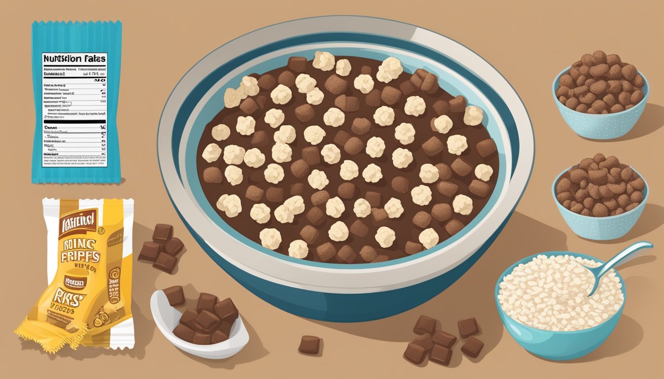 A bowl of Cocoa Puffs and a bowl of Rice Krispies surrounded by nutritional labels and a measuring tape