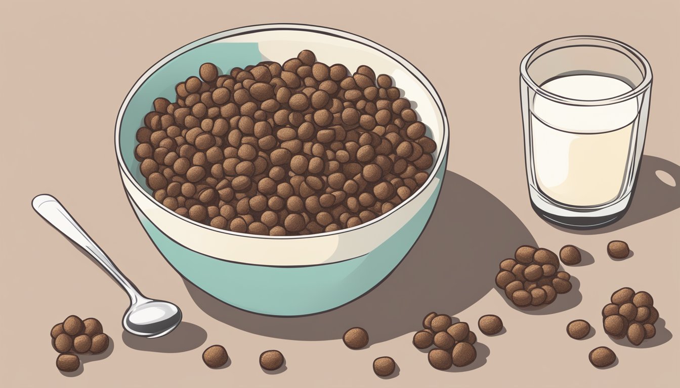 A bowl of Cocoa Puffs and Krave cereal next to each other, with a glass of milk and a spoon. A question mark hovers above them